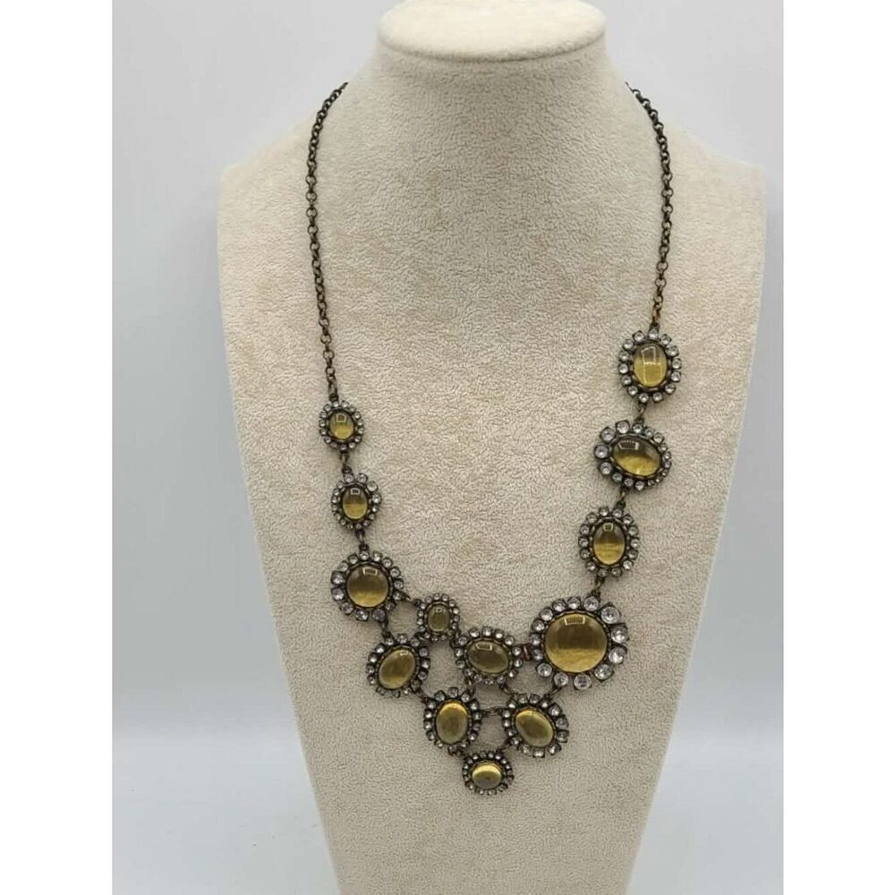J Crew Antique Brass Look Statement Necklace with Gold & Clear Crystals